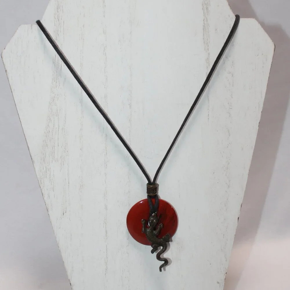 Unisex Red Jasper Gemstone Leather Cord Pendent 30